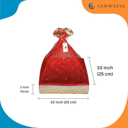 Image of (Medium, 10x10x2 inch, Square, Red-Stone Lace) MDF Base Designer Gift Hamper Packaging Baskets with Net Cover, Gift Hamper Organiser Perfect for Any Occasion