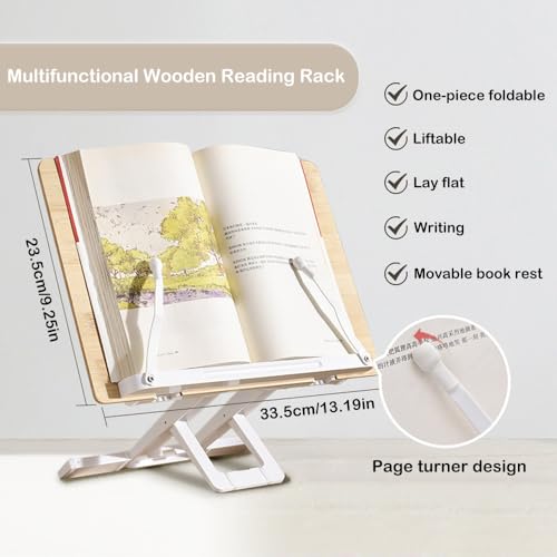 Book Stand for Reading, Bamboo Recipe Cookbook Holder for Kitchen, Adjustable Book Holder with Page Clips for Music Scores, Recipe, Magazines, Laptop (Original Wood + White) - Image 2
