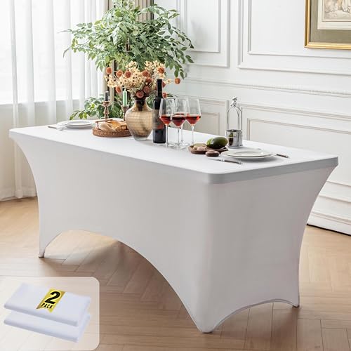 Image of FOLINS&HOME 2 Pack White 6ft Fitted Spandex Water Resistant Tablecloth