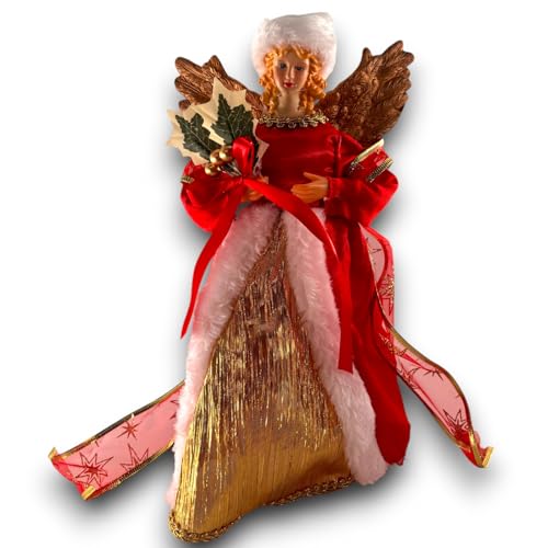 Puntale Angelo Natalizio Decorativo 30 cm con Abito Rosso e Dettagli Oro - Statuina Angelo Gloria Decorazioni Natalizie - Statua per Albero di Natale, Tavolo e Camino - Elegante e Festivo