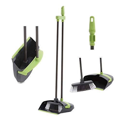 CleanPEAK Long Handled Dustpan and Sweeping Brush Set with Long Handled Broom for indoor, outdoor, garden use. 85cm / 34 inch - Grey/Green
