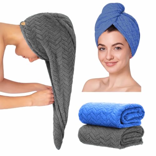 Image of MAXOSHINE Hair Towel Wrap for Women-Quick Drying Microfiber Towel for Hair with Elastic Loop for Tying-Super Absorbent Head Towels Wrap for Ladies Hair Turban Pack of 2