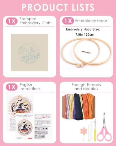 Image of TINDTOP Halloween Embroidery Kit for Adult, Embroidery DIY Starter Kit, with Stamped Patterns, Hoop, Tools, Colorful Threads with Needles, Instructions (Halloween A)