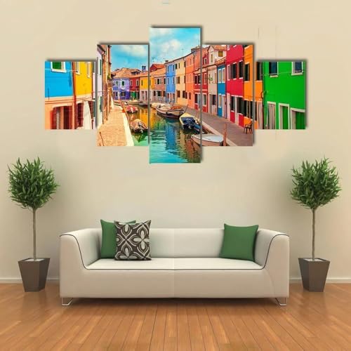 Tableau Venise Burano de 5 parties pour cadre decoration murale de salon