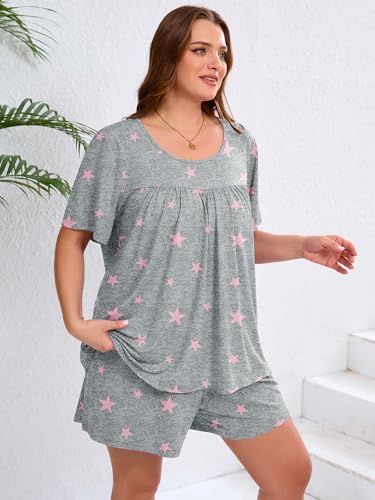 AusLook Women's Plus Size Pajama Sets Short Sleeve Top and Shorts Pink Stars 1X Casual Comfy Soft Ladies Short Pajamas Set Loungwear Sleepwear Pjs Set 2 Piece Lounge Set with Pockets — view 5