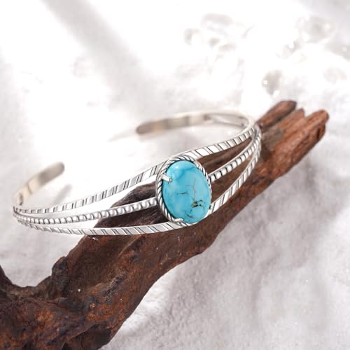925 Sterling Silver Real Turquoise Cuff Bracelet - Genuine Turquoise Western Jewelry for Women - Silver Cuff Bracelet3