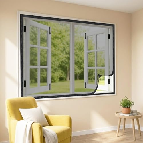Image of LifeKrafts Standard Size Pre-Stitched Polyester Window Mosquito Net | 80 GSM, Readymade with Self-Adhesive Hook Tape | Fits All Window Types | 150x120cm /59x47 Inches /4.92x3.94 Feet, Color-Black