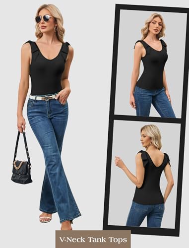 FireSwan Womens Summer Cute Tank Tops V Neck Bow Tie Shoulder Shirts Sleeveless Trendy Ribbed Knit Camisole4