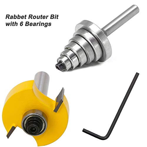 Rabbet Router Bit with 6 Bearings Set- 1/8”, 1/4", 5/16", 3/8", 7/16", 1/2" Interchangeable and Adjustable Bearing Milling Woodwork Tool (1/4 Inch Shank)