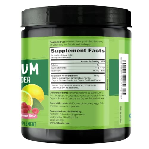 Naturelo Whole Food Magnesium Powder - Supports Stress Relief, Relaxation, Raspberry Lemon Flavor - 85 Servings | 15 Oz #TOP2