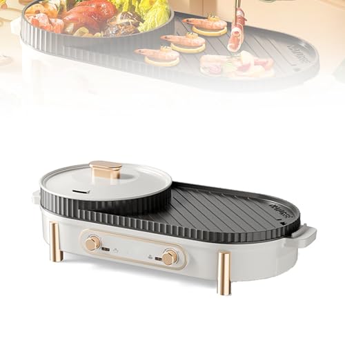 1100W +1100W Electric Indoor Grill And Hot Pot Grill Frying Pan Soup Pot,2 in 1 Indoor Grills for Kitchen with Grill Net & Non-Stick Cooking Removable Plate, Temperature Control, for 2-6 People