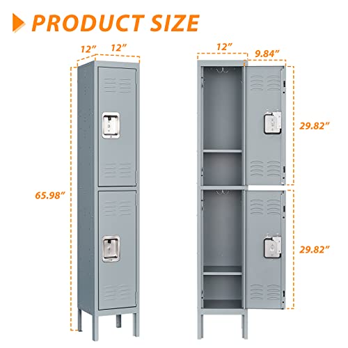 Image of Metal Storage Locker, Lockable Employees Metal Locker with 2 Doors, 65.98 inch Height Steel Locker for Home, Dressing Room, Office, Gym (Grey)