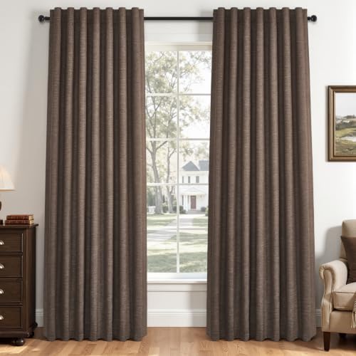 Dark Brown 95 inch Bedroom Living Room Curtains 2 Panels 100% Blackout Linen texture Curtain Drapes with Back Tab Rod Pocket Room darkening Thermal Insulated Curtains for Dining Sliding door 52x95