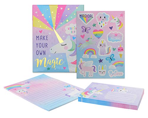 Jewelkeeper Rainbow Unicorn Design Writing Kit With Gold Foil, Girls Stationery Paper Letter Set, Stickers, Envelope Seals #TOP1