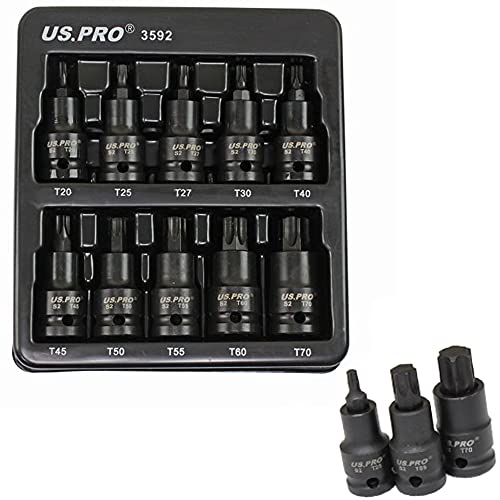 US Pro 10pc Impact Torx Socket Bit Set 1/2'' Drive T20 to T70 Star TRX
