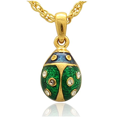 MYD Jewelry Mini Ladybug Faberge Style Easter Egg Pendant Necklace (gold green)