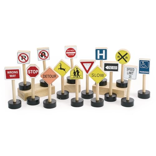Excellerations 15-Piece, 5.5 inches H, Premium Wooden Street Signs Playset for Kids, Compatible with Kids Train Sets, Block Set