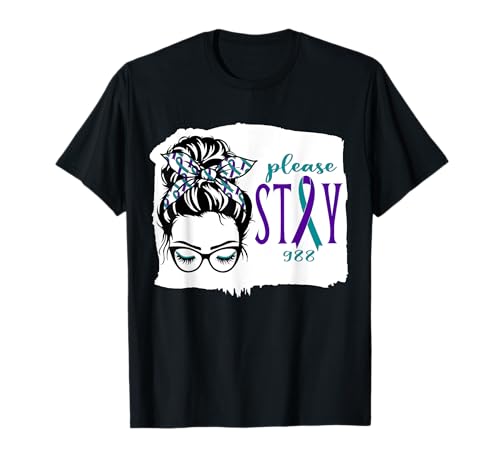 Please Stay Suicide Awareness 988 - Moño desordenado, color morado Camiseta