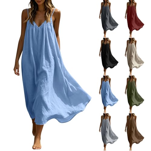 Image of Maxi Dresses Womens Cotton Linen Casual Oversized Tunic Dress Sleeveless Spaghetti Strap Vest Dresses Solid Color A-line Sundress Baggy Beach Long Dress Summer Plain Sundress Blue