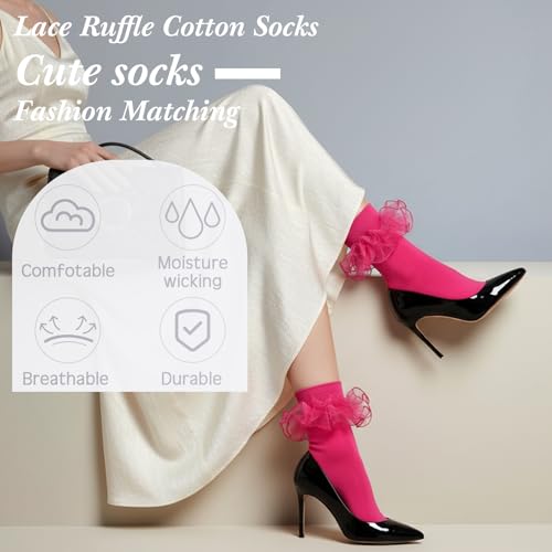 Image of Geyoga 3 Pairs Women Big Ruffle Socks Turn Cuff, Double Lace Ankle Cotton Frilly Socks for Ladies Summer