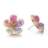 RUOFFETA Raffia Stud Earrings for Women, Colorful Tropical Flower Earrings, Lightweight Boho Beach Jewelry, Handmade Straw Hawaiian Vacation Studs(Colorful)