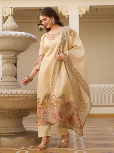 Image of Yashika Women's Beige Viscose Assam Silk Fabric Straight Printed Kurta, Pant and Dupatta Set | Kurta Set for Women