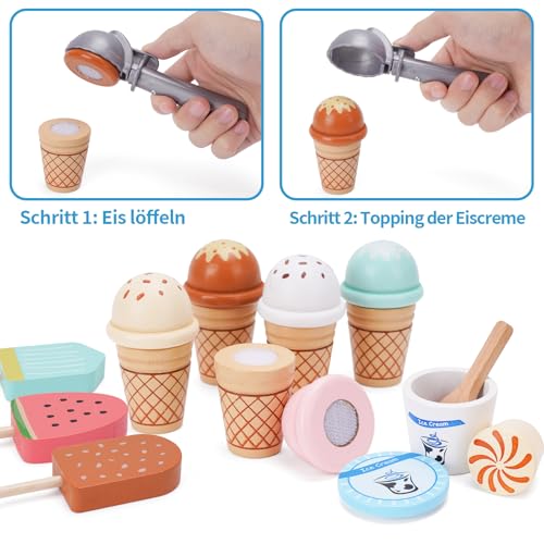 Eisdiele Kinder Holz, Kinderküche Zubehör ab 3 Jahre, Holzspielzeug Spielküche Zubehör, Eisladen Kinder Holz Einkaufsladen, Montessori Spielzeug Weihnachten Kinderspielzeug für Jungen Mädchen