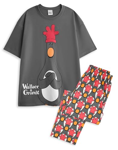 Vanilla Underground Wallace and Gromit Conjunto de Pijama de 2 Piezas para Hombre | Pantalones de Pierna Larga con Estampado Integral en Gris y Rojo para Adultos y Top Nocturno de Manga Corta