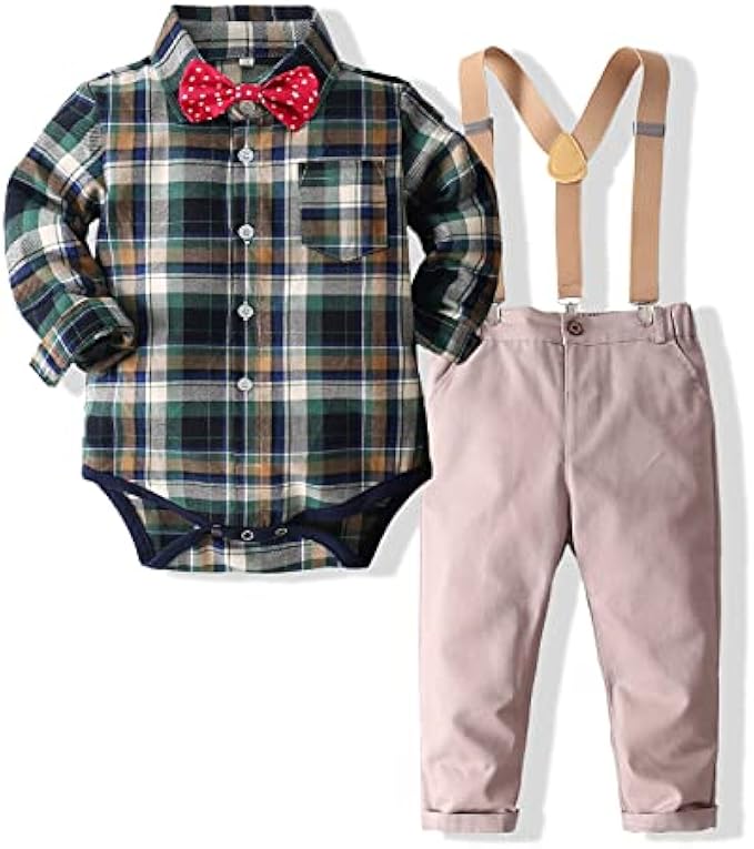 Kimocat Baby Boys Gentleman Outfits Suits Long Sleeve Shirt Suspenders Pants Bow Tie Clothes Set