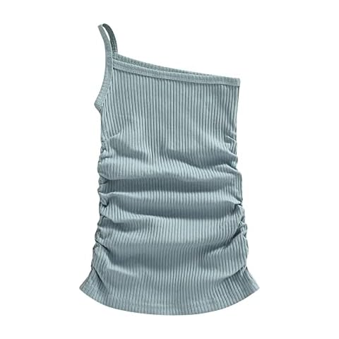 Nbulwbln Toddler Baby Girl Ruffle Solid Ribbed One Shoulder Dress Summer Sleeveless Straps Slim Bodycon Party Dresses Outfit (Blue,4-5T) Cover