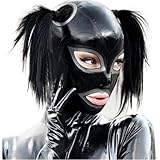WJPTDKJ Latex Hood Rubber Head Mask Ponytail Head Cover Mask BDSM Fetish Full Face Breathing Zipped Latex Mask Club(Size:XXL-73CM)