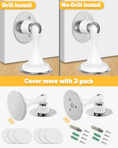 Image of Door Stop Magnetic Door Stoppers for Bottom of Door Holder to Keep Door Open, Catch Magnet for Wall Floor Mount No Drill 3M Adhesive & Screws Heavy Duty Magnet Stainless Steel Accessories 2 Pack White