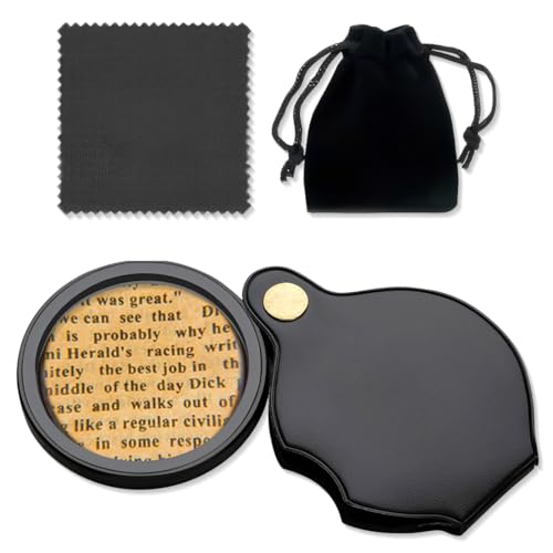 GGUFAY Mini Loupes de Poche 10x avec 1 Chiffon de Nettoyage et 1 Sac de Rangement Noir, Loupe de Lecture Pliable, Petite Loupe pour la Lecture, les Livres, les Journaux, les Cartes, les Bijoux