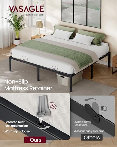 Image of VASAGLE King Metal Bed Frame 18 Inches Tall, 1100 lb Weight Capacity, No Box Spring Needed, with Under-Bed Storage, Easy Setup, Heavy-Duty Platform Bed, Mattress Retainers, Matte Black URMB674BD02S