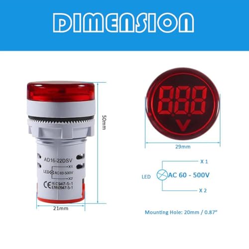 Image of Round LED Voltage Meter Indicator AC 60-500V LED Voltmeter Signal Light Digital Display DC Voltage Meter Indicator Round Lamp Tester for Home or Industrial Equipment (3pcs Red)