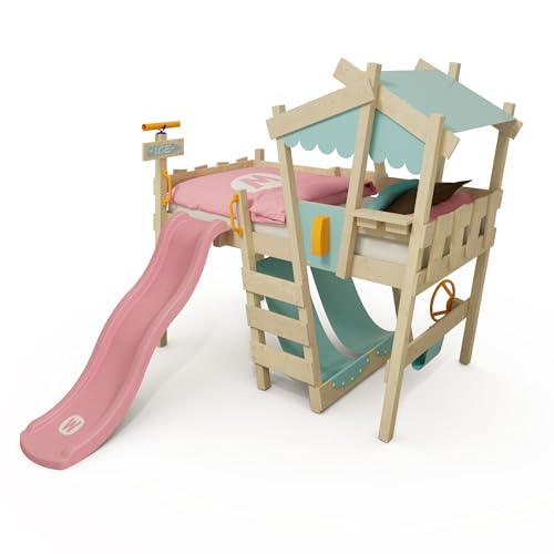 Wickey Kinderbett Hochbett Crazy Snuggy - mit pastellpinker Rutsche & pastellblauer Plane