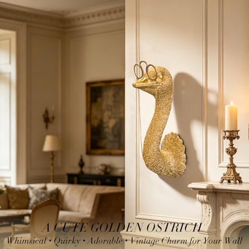 Juedawyal Gold Ostrich Animal Head Wall Decor Sculpture, Resin Animal Heads for Wall, Vintage Wall Sculpture for Men Women Living Room Hallway Staircase Home Office