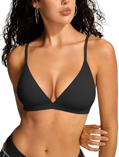 Vertvie Wireless Triangle Bralettes for Women Unlined Seamless Plunge Bras No Underwire Sexy Unpadded Tshirt Bra(Black,Medium)