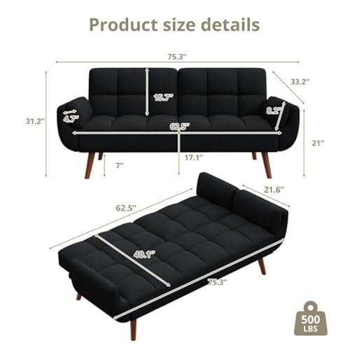 Image of Tarantino 3-Seater Convertible Sofa Cum Bed | Modern Tufted Upholstered Folding Sleeper Sofa for Living Room | High-Density Foam Comfort | Space Saving Couch Bed for Home (Black)