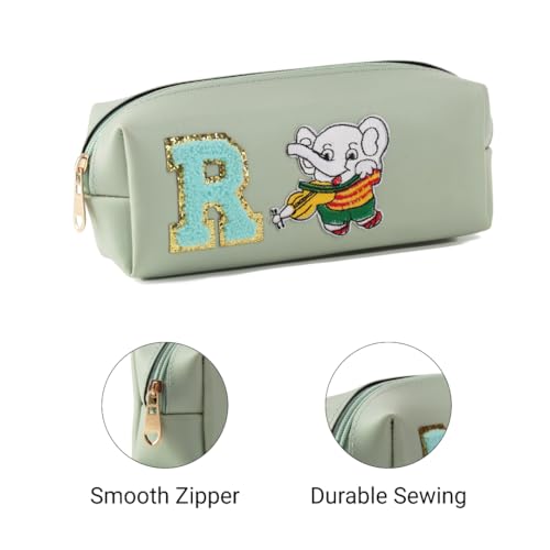 Image of AICA Gifts Personalized Leather Pencil Pouch (Mintgreen) with Embroidered Alphabet & Patch | Pencil Pouch for Kids | Birthday Gift | Birthday Return Gift |Gift for Kids Age 6-10