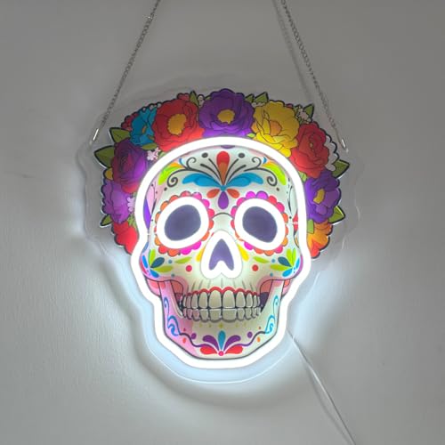 Day of the Dead Neon Sign Sugar Skull Light Up Signs Lighted Halloween Neon Signs with Base for Bedroom Dorm Garage Bar Theater Media Game Room Party Wall Tabletop Decor Art Gifts