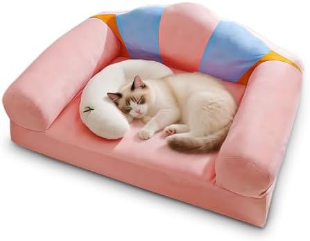 Cute Cat Couch with Soft Pillow, Supportive Dog Couch, Cat Sofa with Removable Cover,Cute Rainbow Shaped, 24 Inch