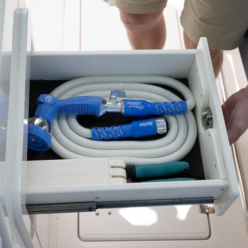 Pocket Hose Marine, Expandable Water Hose, White, Scuff Free, 50ft Hose, 3/4 Inch, On/Off Valve, BONUS 10 Pattern Sprayer, AS-SEEN-ON-TV, Solid Aluminum & Lead-Free, Stores Easy, Lightweight, No-Kink