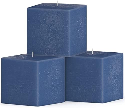 Candwax 3 inch Pillar Candles for Home Set of 3 pcs - Unscented and Long Lasting Candles Ideal for Romantic, Wedding or Living Room Decor - Dark Blue Square Candle
