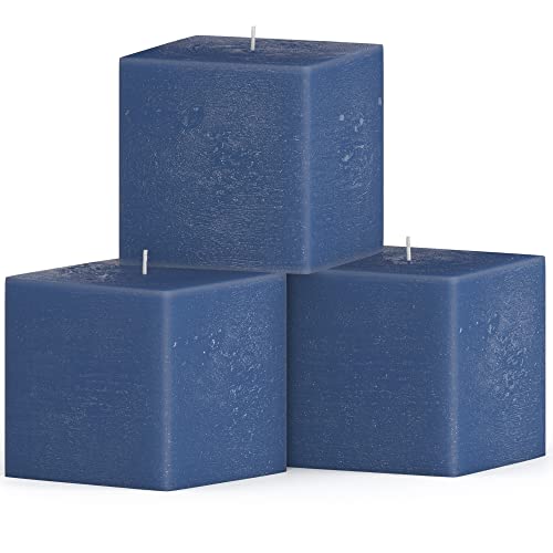Candwax 3 Inch Pillar Candles For Home Set Of 3 Pcs - Unscented And Long Lasting Candles Ideal For Romantic, Wedding Or Living Room Decor - Dark Blue Square Candle #TOP20