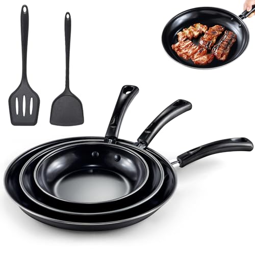 Image of Gymdin Nonstick Frying Pans Set of 3 - Carbon Steel Frying Pan with PFOA-Free Coating, Stay-Cool Handle, Oven & Dishwasher Safe, Include 2 Spatulas & 7.9, 10.2, 11.8 Inch Skillets for All Stovetops