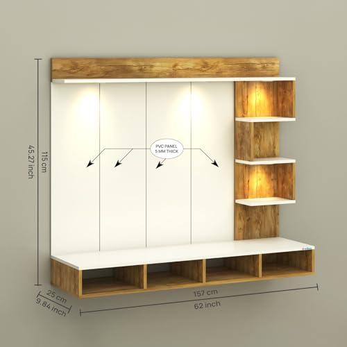 Image of Anikaa Kasey Engineered Wood Wall-Mount TV Unit with PVC Back Panel & LED Lights | TV Cabinet with Storage Box & Decorative Shelves (Gaintwood /White) Ideal for TVs up to 55 Inch | DIY Installation