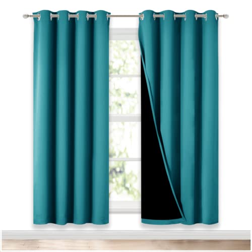 NICETOWN 100% Blackout Window Curtain Panels, Full Light Blocking Drapes with Black Liner for Nursery, 72-inch Drop Thermal Insulated Draperies (Peaco
