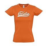190g/m² Jersey Qualität Damen T-Shirt - Kroatien Oldschool Croatia LÄNDERSHIRT EM/WM Fan Trikot S-XXL, Orange - weiß, S
