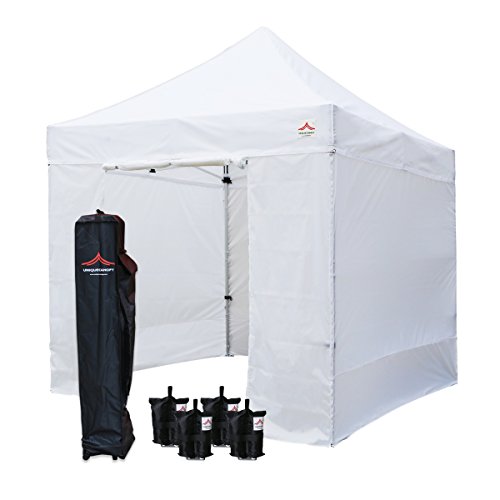 UNIQUECANOPY 8\'x8\' Ez Pop Up Canopy Tent Commercial Instant Shelter, with 4 Removable Zippered Side Walls and Heavy Duty Roller Bag, 4 Sand Bags White
